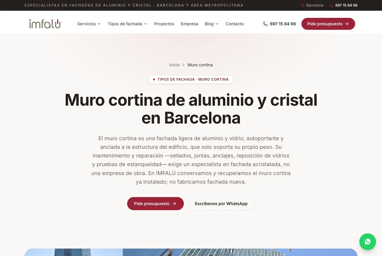 Página de muro cortina de IMFALÚ: silo SEO con su propio H1, FAQ y datos estructurados